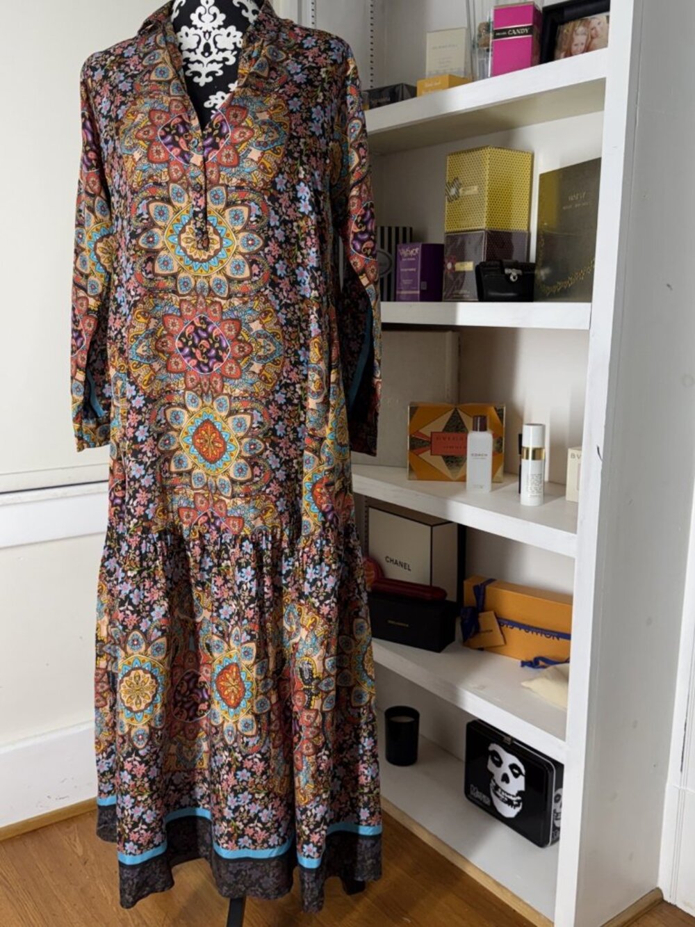 Johnny Was Mandala Shea 100% Silk Maxi Dress XS Boho Long Sleeve Pockets